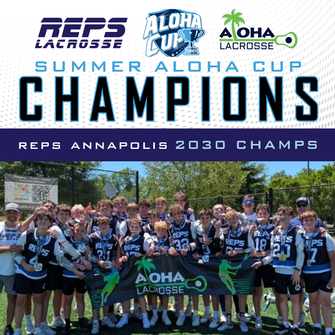 Group of young lacrosse players in REPS jerseys posing outdoors, holding an Aloha Lacrosse banner to celebrate being champions in the Summer Aloha Cup.