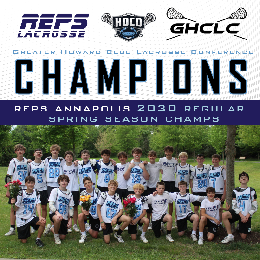 Banner announcing champions for the Greater Howard Club Lacrosse Conference, with team photo of smiling youth lacrosse players in white uniforms posing on a field beneath the word CHAMPIONS.